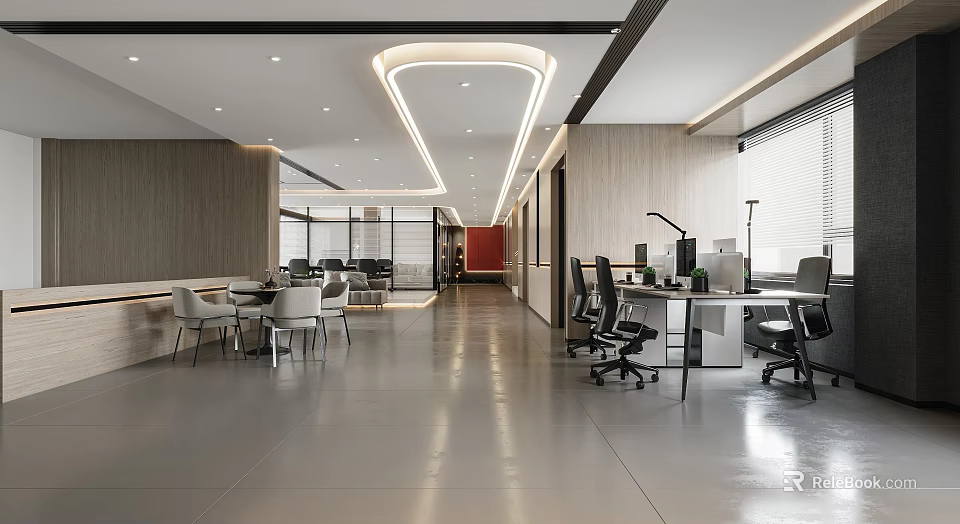 Public Office Space With Modern Workstations Ergonomic Chairs Open Layout Ceiling Lighting And Polished Floors 3d model 