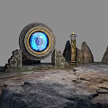Cartoon Scene Of Floating Rock Island With Round Blue Device And Lava Glow
