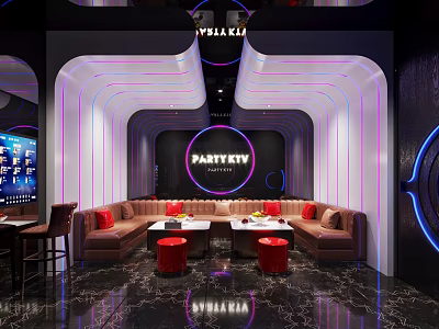 Modern Party KTV Interior Design With Colorful Lighting Brown Sofa And Tables 3d model