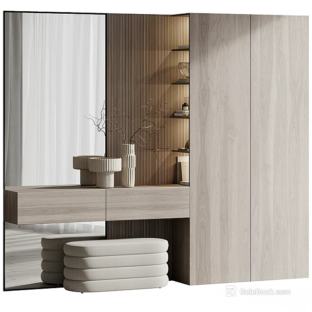 Modern Entryway Interior Design With Wooden Storage Cabinet Decorative Vase And Bench 3d model 