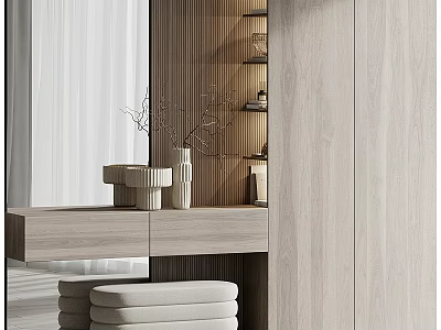 Modern Entryway Interior Design With Wooden Storage Cabinet Decorative Vase And Bench 3d model