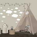Indoor Kids Play Tepee Tent With Cloud Wall Decorations And String Lights 3d model