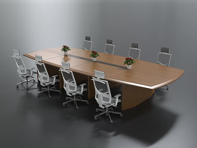 Modern Wooden Conference Table With White Ergonomic Chairs And Flower Decorations 3d model