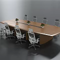 Modern Wooden Conference Table With White Ergonomic Chairs And Flower Decorations