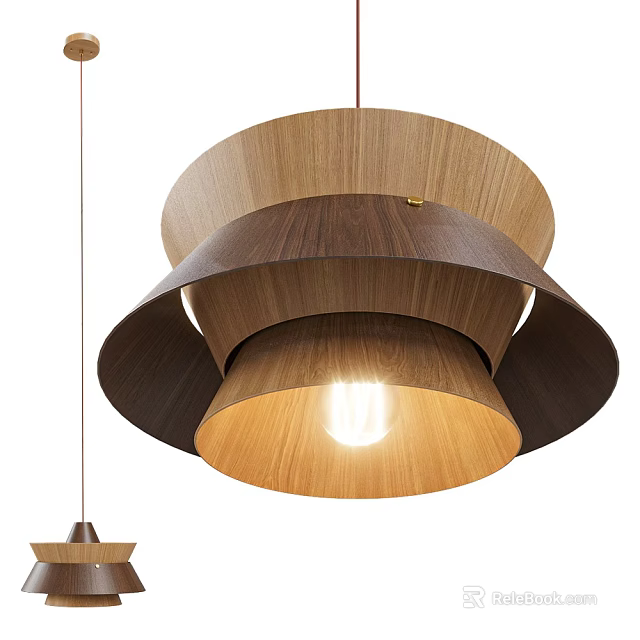 Modern Wooden Pendant Light with Layered Multi Toned Wood Rings and Illuminated Bulb Design 3d model 