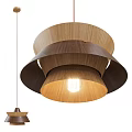Modern Wooden Pendant Light with Layered Multi Toned Wood Rings and Illuminated Bulb Design