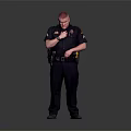 A Man In Police Uniform Standing Against Gray Background Adjusting Waist Gear With Badge