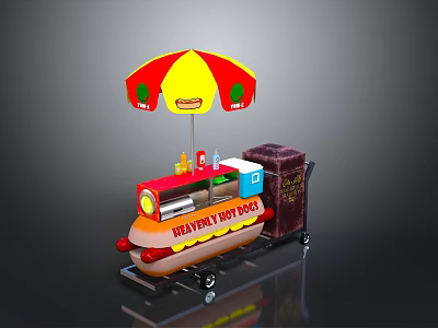 Heavenly Hot Dog Cart With Red Yellow Umbrella Sign And Trash Bin 3d model