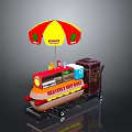 Heavenly Hot Dog Cart With Red Yellow Umbrella Sign And Trash Bin