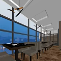 Modern Restaurant Interior With Large Windows Night View Hanging Lights And Dining Tables 3d model