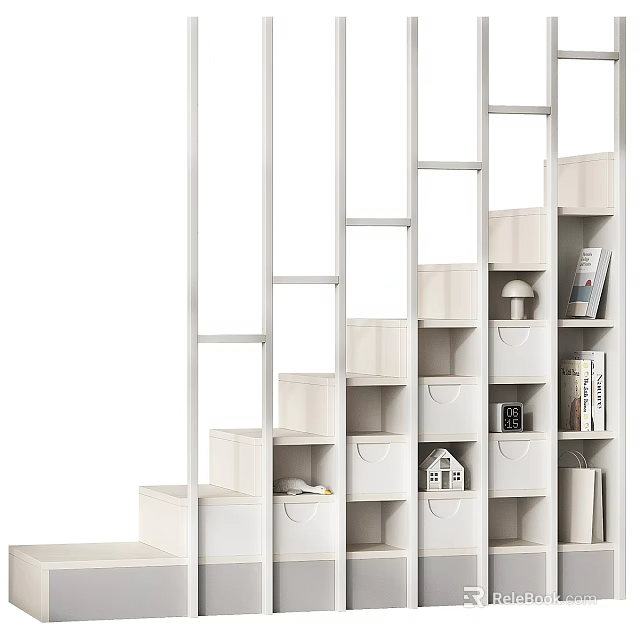 White Modern Storage Shelf With Multiple Compartments Drawers And Decorative Items 3d model