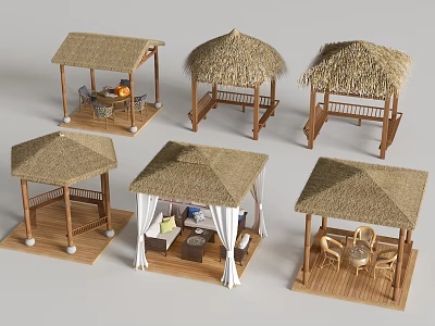 Various Styles Of Outdoor Thatched Roof Gazebos With Wooden Frames And Leisure Furniture 3d model