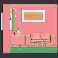 Cute Cartoon Room Scene With Pink Sofa Green Carpet Clock Curtains And Decorative Elements