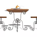 Wooden Top Dining Table Set with Metal Curved Legs and Tea Set Pastries