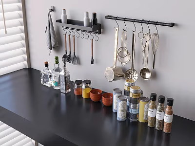 Organized Spice Bottles on Black Modern Kitchen Countertop with Hanging Utensils 3d model