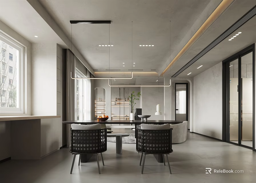 Modern Minimalist Dining Living Room With Pendant Lights And Large Windows 3d model 
