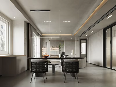 Modern Minimalist Dining Living Room With Pendant Lights And Large Windows 3d model