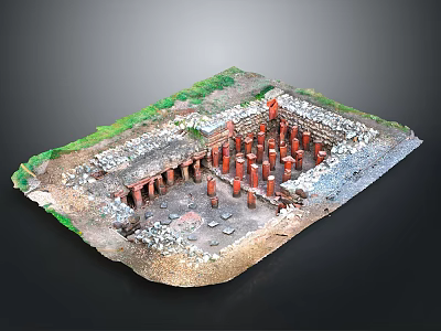 Detailed Ancient Ruins Model Scene With Red Columns Stone Walls And Green Vegetation 3d model