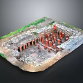Detailed Ancient Ruins Model Scene With Red Columns Stone Walls And Green Vegetation
