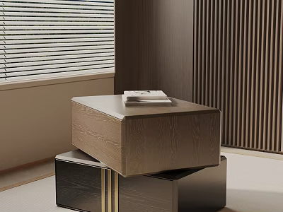 Stacked Wooden Nightstands With Books On Top Near Wooden Wall And Blinds 3d model