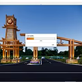 Wooden Arch Entrance Gate Featuring Clock Tower Shunfeng Signage And Green Plant Surroundings