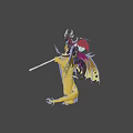 Game and Movie Dragon Characters with Yellow Purple Bodies Red Wings Staff and Pendant Ball