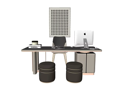 Modern Home Office Desk With Apple Monitor Keyboard And Black Stools 3d model