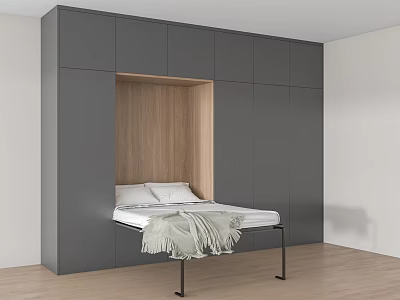 Modern Built-in Bed Design With Grey Cabinets Wooden Headboard And Wooden Floor 3d model