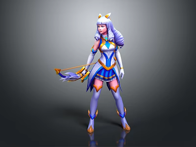 3D Female Character With Blue White Outfit Purple Hair Headpiece And Bow Weapon 3d model