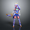3D Female Character With Blue White Outfit Purple Hair Headpiece And Bow Weapon