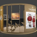Golden Curved Exhibition Booth With Watch Displays And Glass Shelves