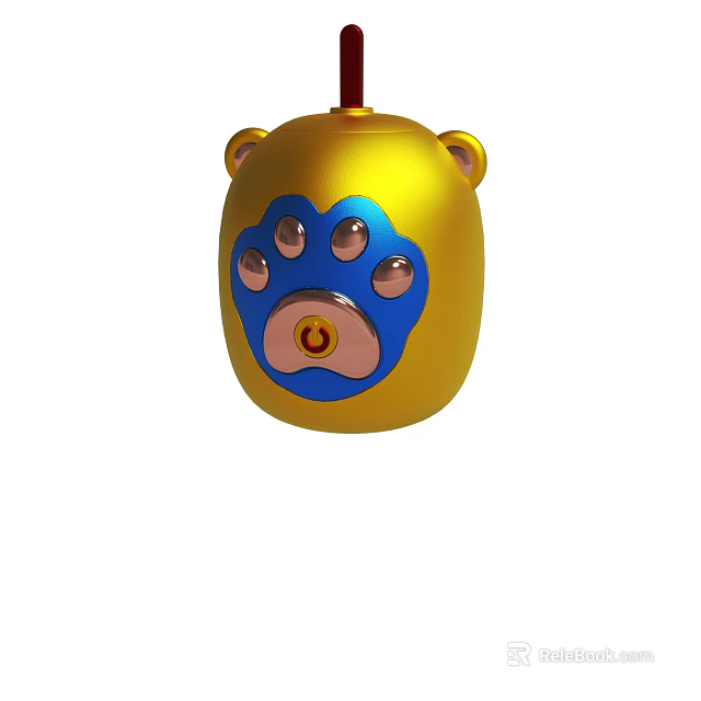 Yellow Bear Shaped Decorative Item With Blue Paw Print And Power Button Detail 3d model 