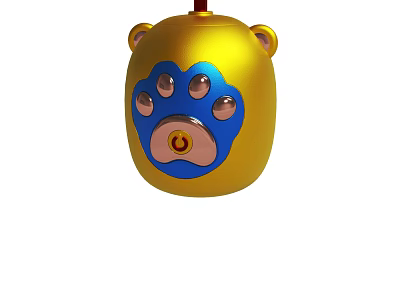 Yellow Bear Shaped Decorative Item With Blue Paw Print And Power Button Detail 3d model
