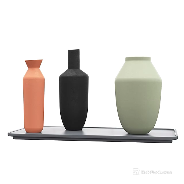 Three Ceramic Vases in Orange Black and Light Green on Black Tray 3d model 
