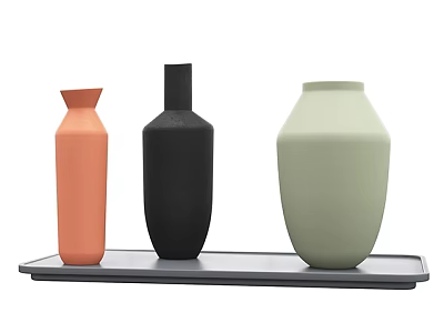 Three Ceramic Vases in Orange Black and Light Green on Black Tray 3d model