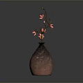 Carved Vase Sculpture With Textured Brown Surface And Pink Flower Branches On Dark Background