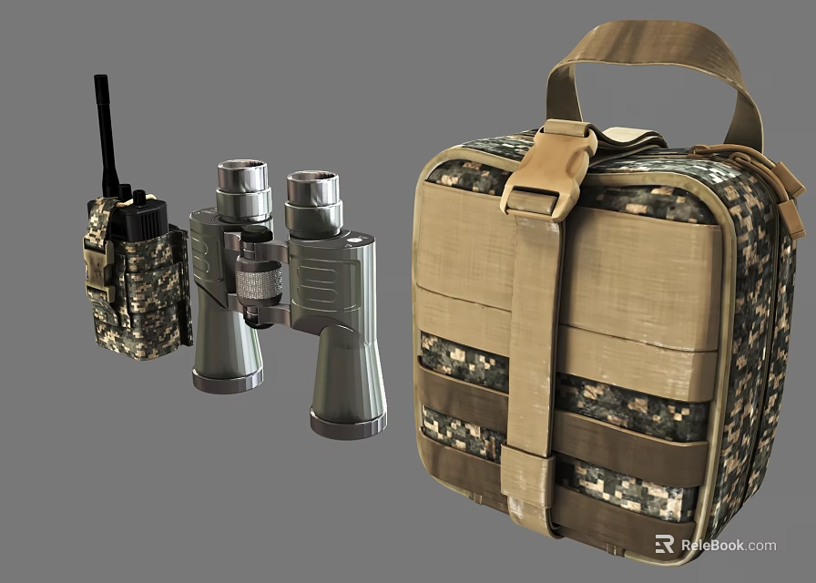 Military Weapons and Tactical Gear Including Walkie Talkie Binoculars and Camouflage Backpack 3d model 