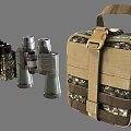 Military Weapons and Tactical Gear Including Walkie Talkie Binoculars and Camouflage Backpack