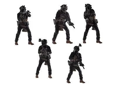 Men In Tactical Gear Show Different Combat Poses With Weapons And Equipment 3d model