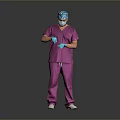 Medical Professional in Purple Surgical Scrubs With Blue Cap Mask Gloves Standing Against Gray Background
