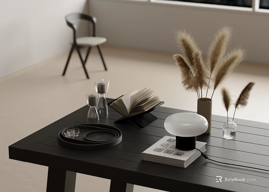 Modern Table Decorative Ornament Combination with Open Book Hourglass Black Tray Lamp and Pampas Grass 3d model 