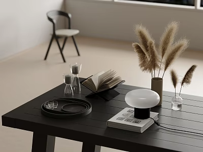 Modern Table Decorative Ornament Combination with Open Book Hourglass Black Tray Lamp and Pampas Grass 3d model