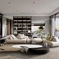 Modern Living Dining Area Interior With Gray Sofa Wooden Table And Orange Pendant Lights