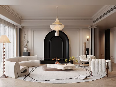 Elegant Modern Living Room Interior With White Sofa Round Rug Black Arch Fireplace And Chandelier 3d model