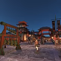Ancient Style Commercial Street With Traditional Architecture Red Lanterns And Evening Pedestrians