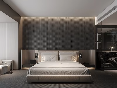 Modern Luxury Bedroom Interior With Textured Wall King Bed And Sofa 3d model
