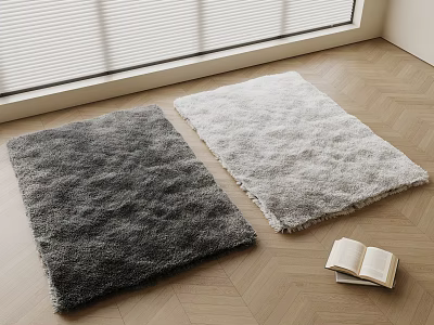 Soft Shaggy Dark Gray and Light Gray Square Rugs on Wooden Floor with Open Book 3d model