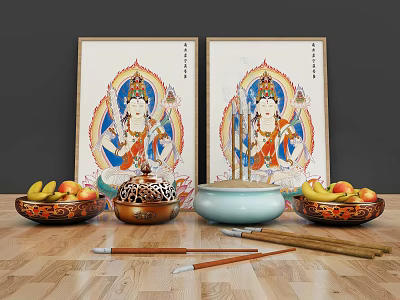 Decorative Ornament Set With Colorful Figure Paintings Fruit Bowls Bananas Incense Burner And Incense Sticks 3d model