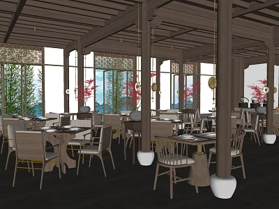 Wooden Structure Restaurant With Large Windows Dining Tables Chairs Pendant Lights Green Plants Open Space 3d model