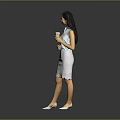 Woman standing in blue sleeveless top and white lace skirt holding cup against gray background